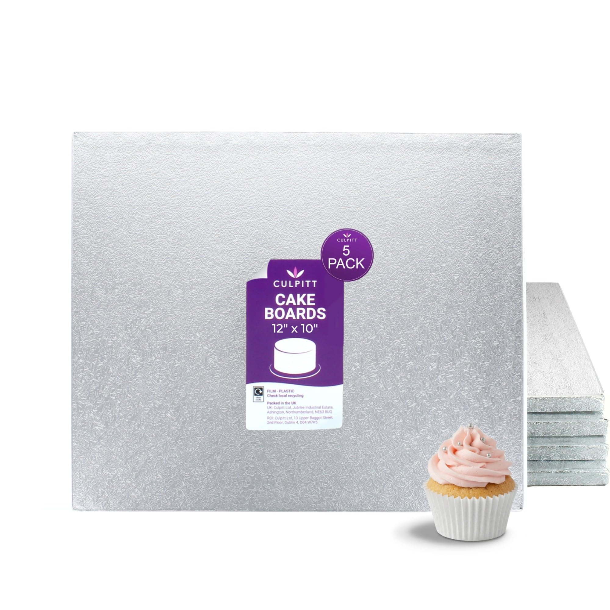 Culpitt Silver 12" X 10" Cake Board | 5 Pack | Oblong Cake Drum, Rectangular, 0.5 Inch (13Mm) Thick, Boards For Tray Bakes, Cakes, And Cupcake Displays | - Pack Of 5
