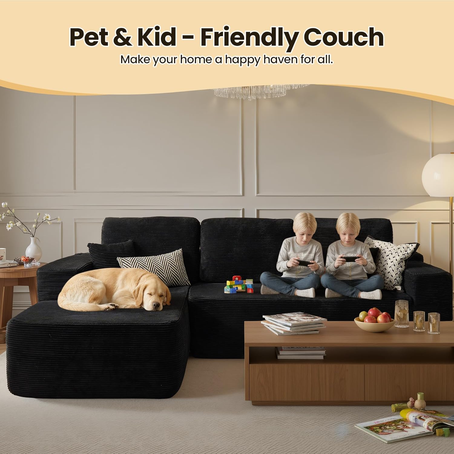 104" Cloud Sectional Couch with Chaise, Boneless L-Shaped Cloud Couch with Deep Seat, Corduroy Modern Minimalist Sofa, Assembly Free Comfy Sofa for Office Living Room Apartment(Black, Left Chaise)