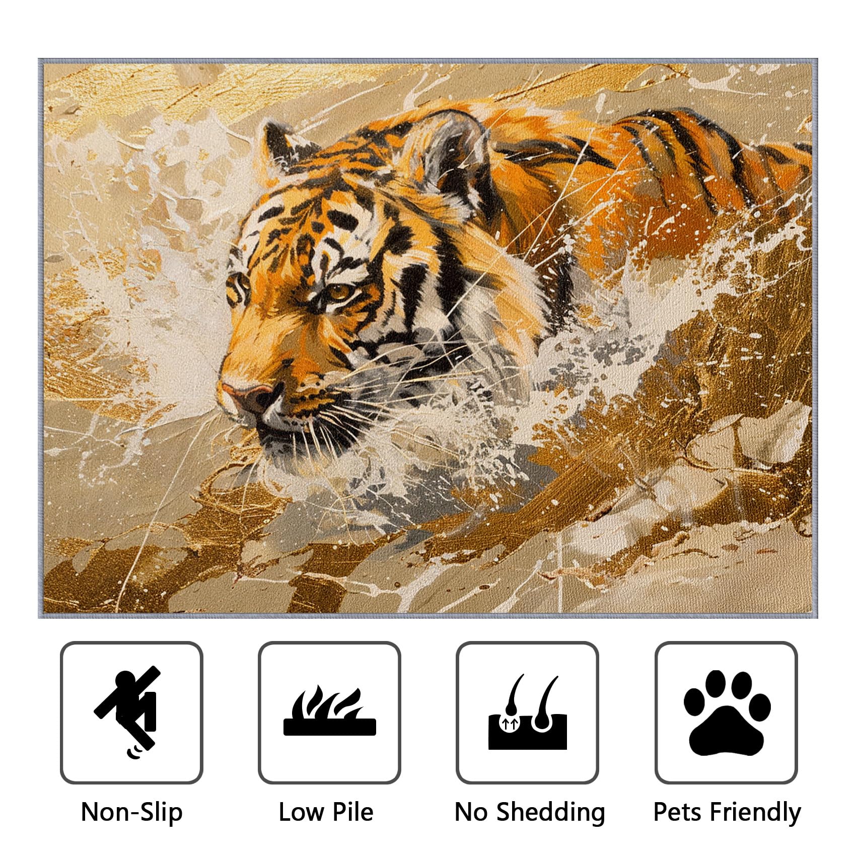 Tiger Teppich Waschbar, Abstrakt Künstlerisch Tiere Teppich 80x150 cm, Modern Wildnis rutschfest Waschbar Pflegeleicht Teppiche Für Schlafzimmer Küche, Goldorange