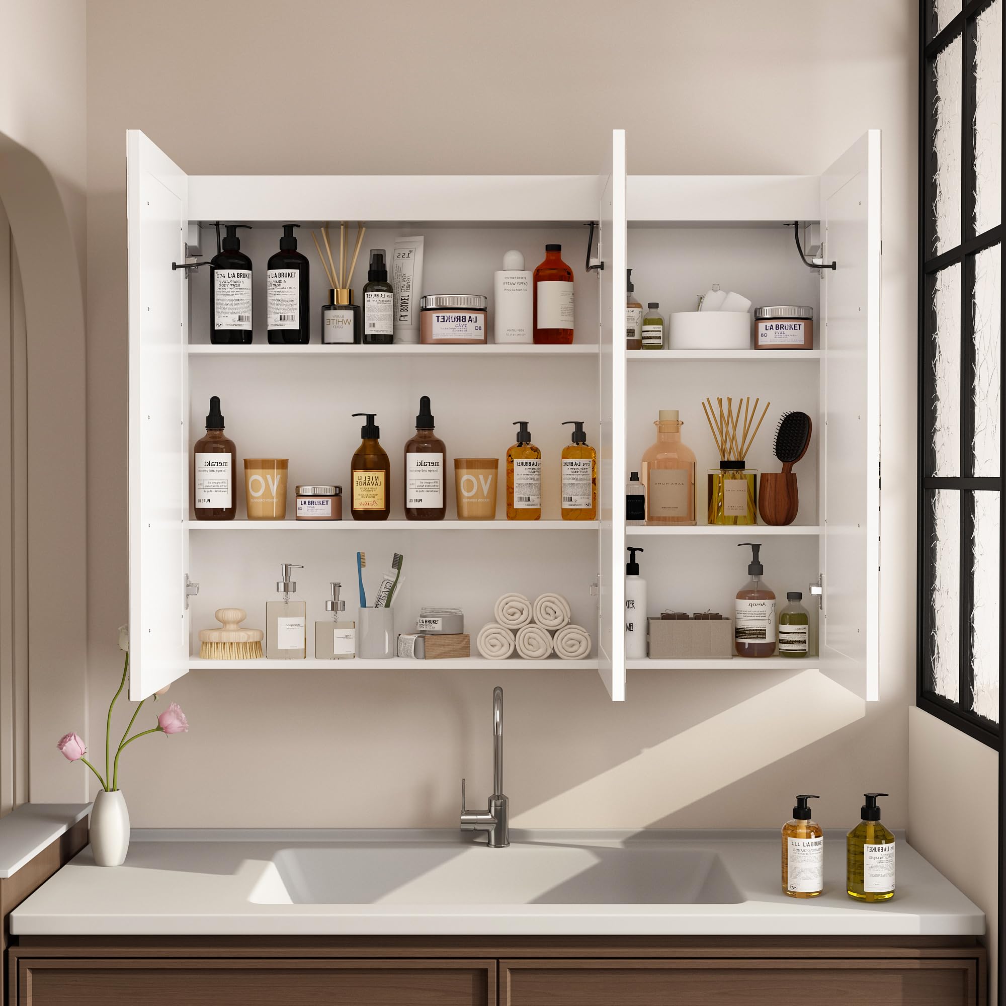 Armario de Baño con Espejo LED, Mueble Espejo de 3 Puertas con Luz, Interruptor Táctil y Estantes, 120 x 15 x 90 cm