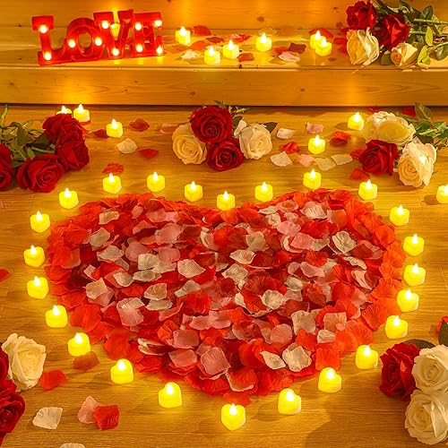 Miniatura 1 de Honoson Juego de 24 velas LED sin llama con 1000 pétalos artificiales para una noche romántica, boda, fiesta, aniversario, decoración de San