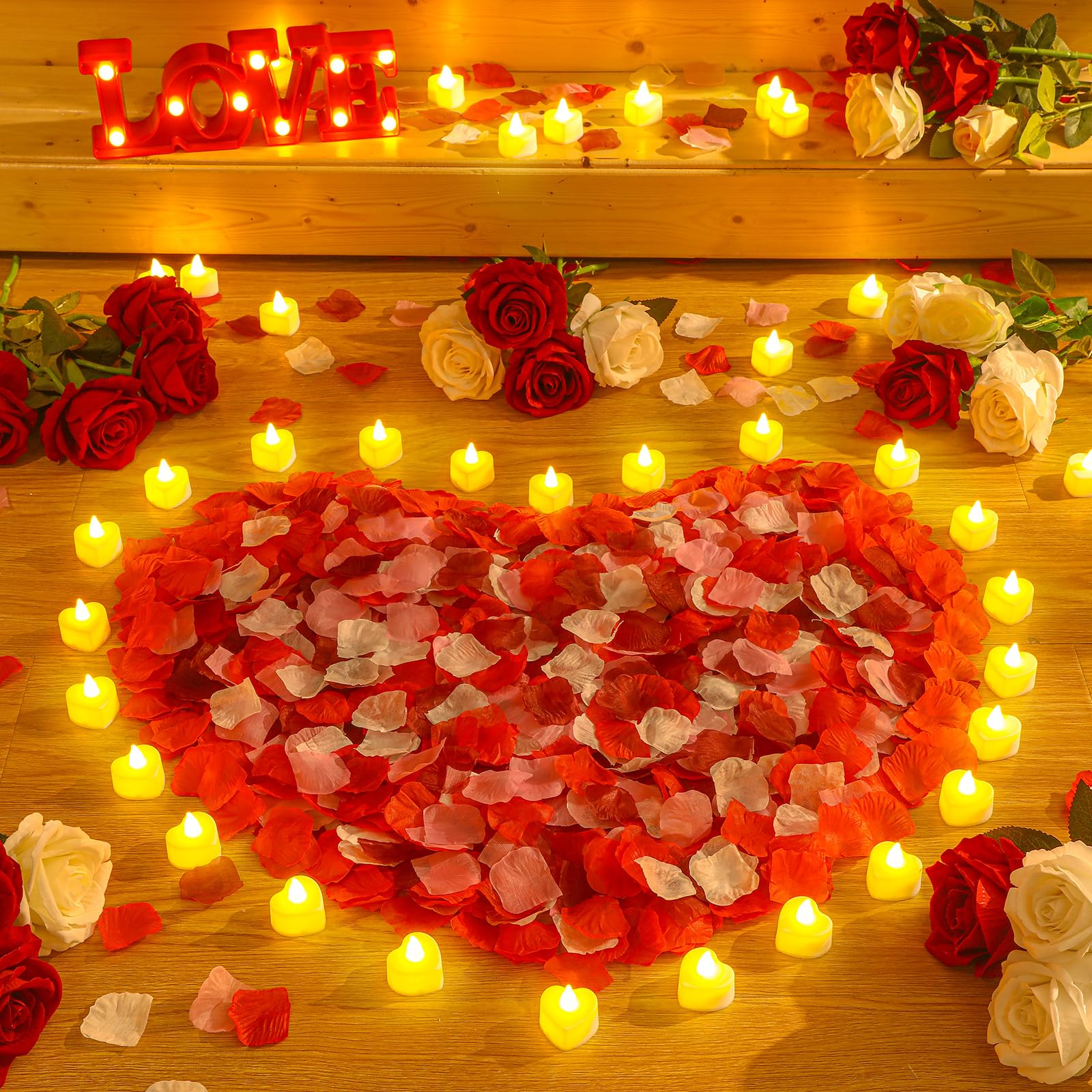 Honoson 1000 Pcs Artificial Rose Petals with LED Candles, White with Yellow