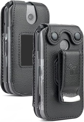 Funda para Coolpad Belleza Flip Phone, Nakedcellphone [cuero vegano negro] funda con [protección de pantalla integrada] y clip de cinturón de metal