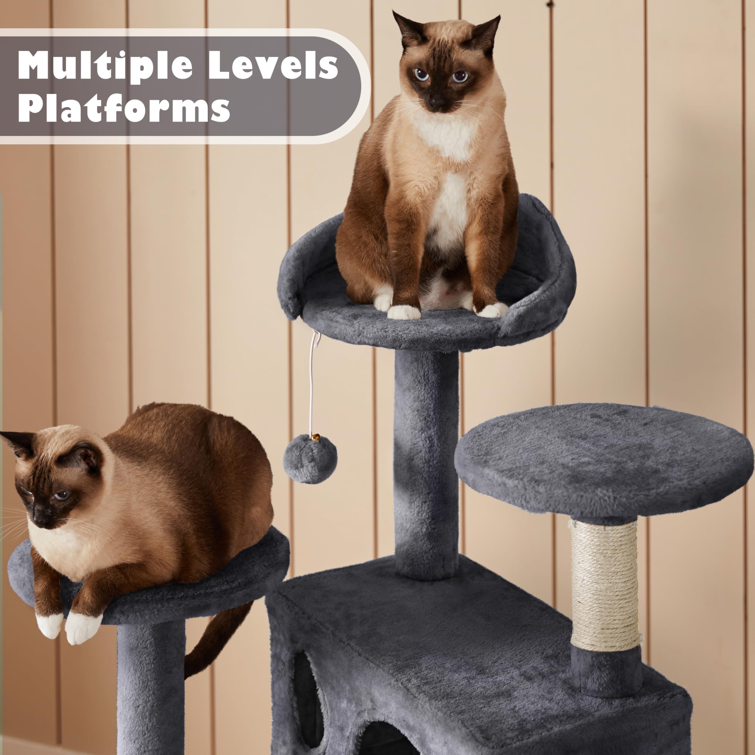 Yaheetech Árbol Rascador para Gatos 139cm con 3 Plataformas 2 Nidos 2 Pompones Torre de Escalador con Postes en Sisal Ideal para 3-4 Gatos Gris Oscuro — view 5