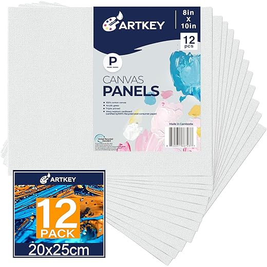 Artkey Canvases for Painting 8x10 Inch 12-Pack, 10 oz Primed 100% Cotton White Blank Canvas Boards for Painting, Art Supplies Paint Canvas Panels for Acrylic Oil Watercolor Tempera Paints