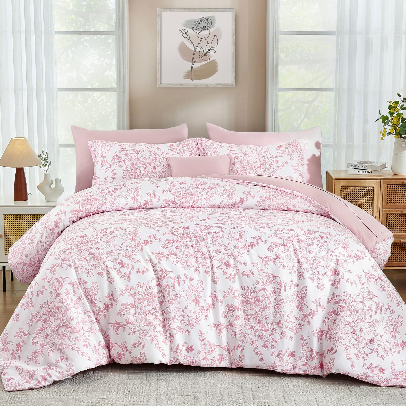WONGS BEDDING King Size Comforter Set, 8 Pieces Pink Floral