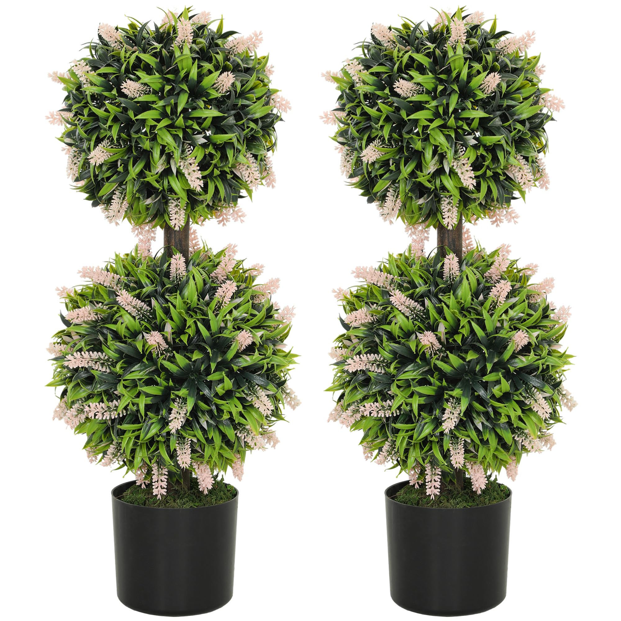HOMCOM Set of 2 Decorative Artificial Plants Ball Trees with Lavender Flowers in Pot Fake Plants for Home Indoor Outdoor Decor, 70cm, Pink