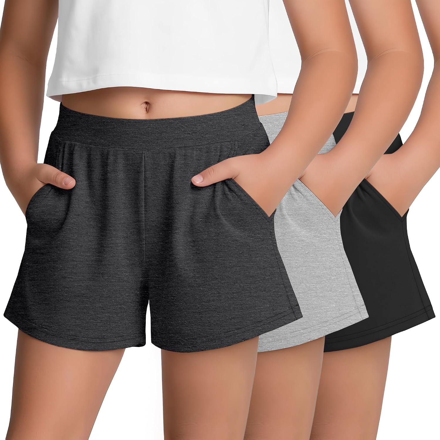 3 Pack Girls Shorts Teens Athletic Shorts with Pockets Kids Bike Casual Summer Elastic Waist SweatShorts 5-16 Years
