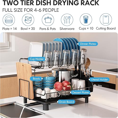 Miniatura 6 de BOOSINY Escurridor de platos, escurridor de platos para encimera de cocina, escurridor de platos de acero inoxidable de 2 niveles con juego de