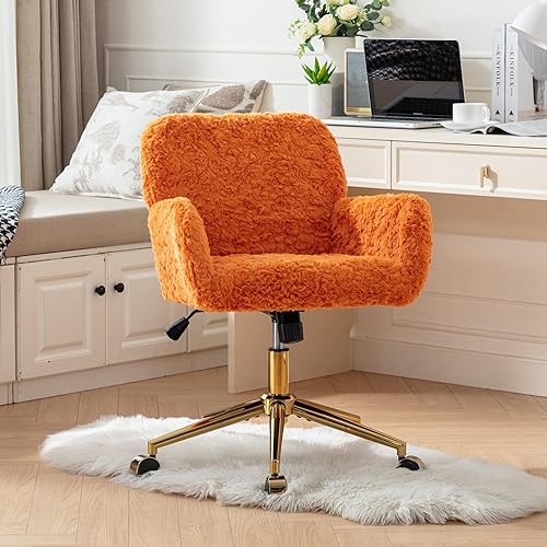Miniatura 53 de Silla moderna de peluche para oficina en casa, bonita silla de escritorio tapizada con patas de metal dorado, silla giratoria ajustable con ruedas,