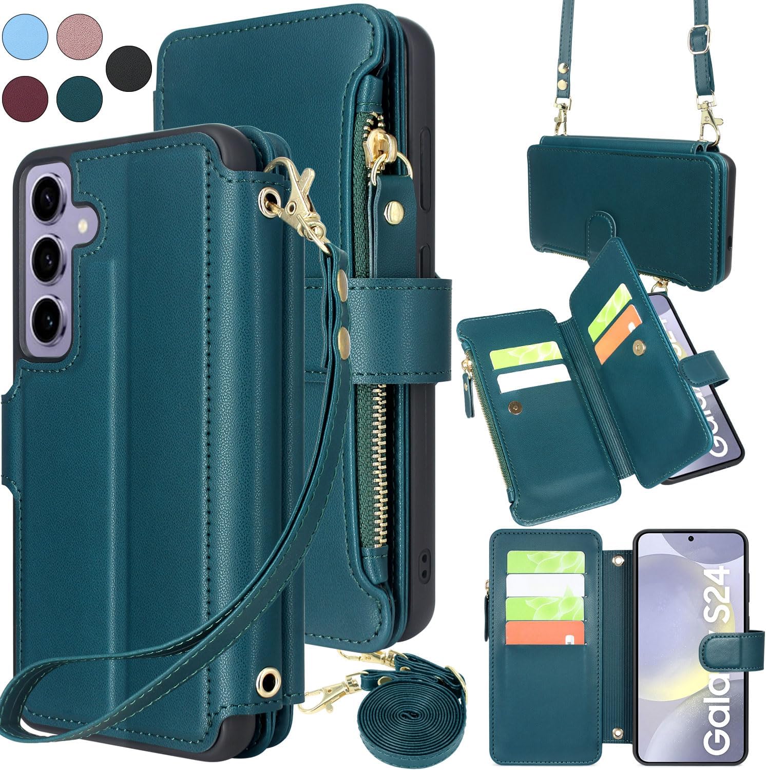 Harryshell Crossbody for Samsung Galaxy S24 5G Case Wallet [8 Card Slots] with [Theft-Scan Blocking],Cash Coin Zipper Pocket Long Shoulder & Wrist Strap for S24 6.2 Inch (Teal)