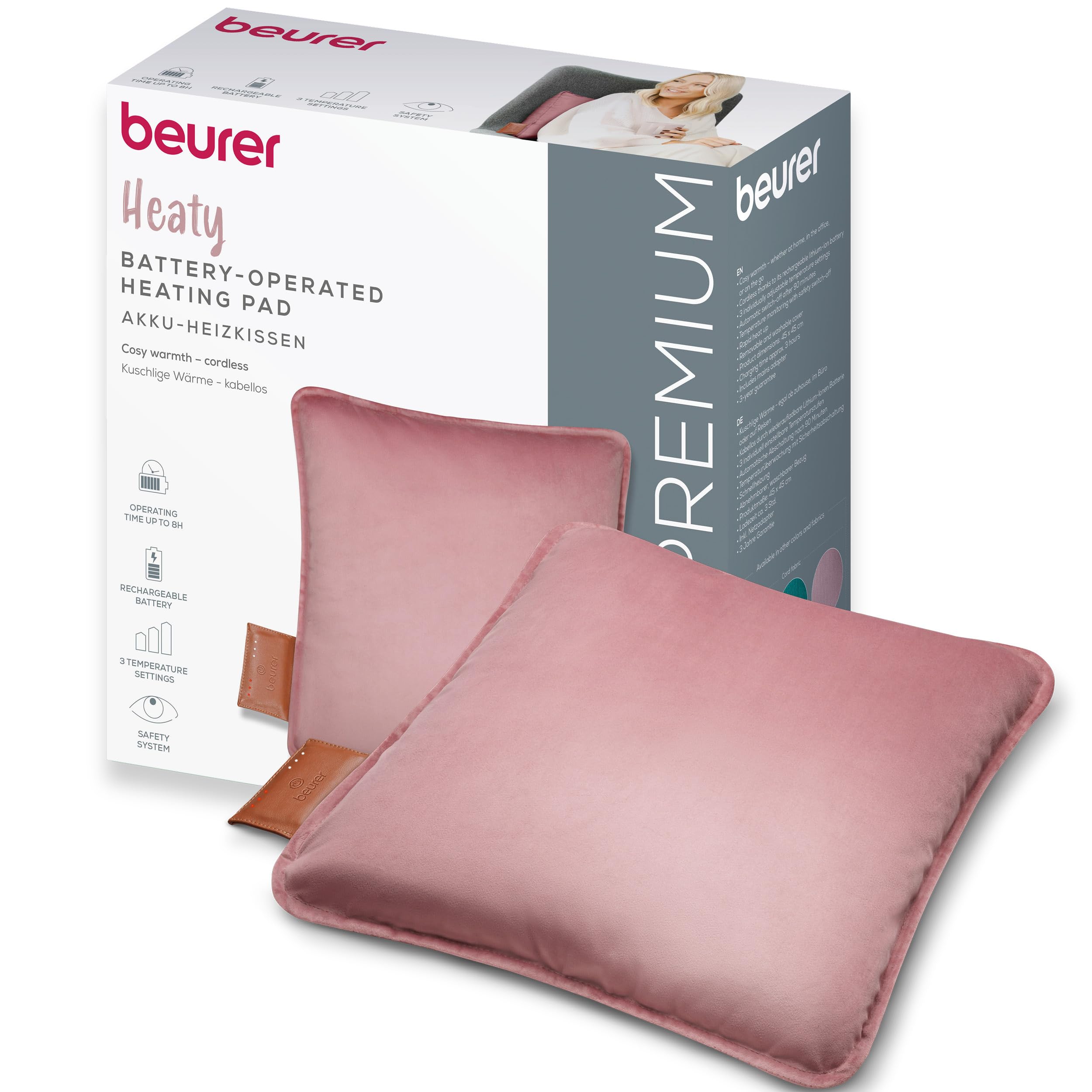 Beurer Heaty Coussin chauffant, coussin chauffant sans fil avec batterie, avec arrêt automatique et 3 réglages de la température, chauffe rapidement, velours doux, rose