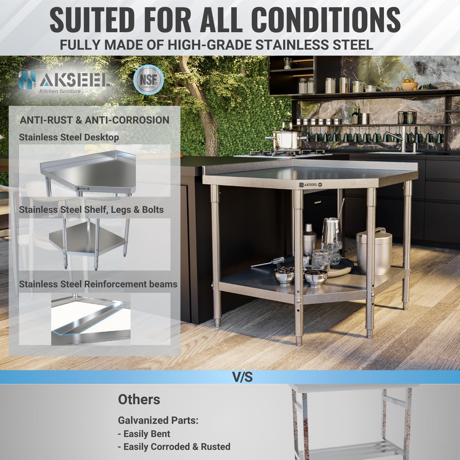 Corner Stainless Steel Work Table - Food Prep Tables for Commercial Kitchen - NSF Metal Heavy Duty Workbench with Backsplash - Cooking Chef Work Bench for Restaurant - 36"x36" Working Station