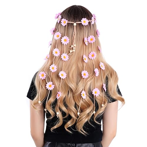 1 diadema de flores hippie corona floral verano girasol accesorios para el cabello para disfraces bohemios de los años 70 (rosa)