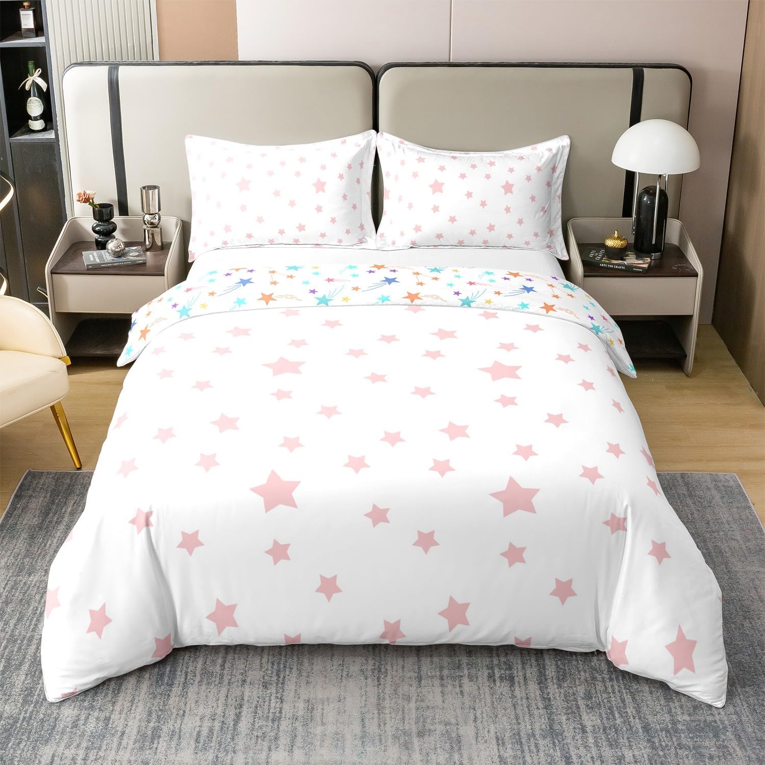 Pink Stars Kids Duvet Cover 100% Cotton Full Size,Starry Sky Cartoon Romantic Girls Women Bedding Set,Geometric Stars Patchwork Pink White Simple Comforter Cover,2 Pillowcases(No Comforter)