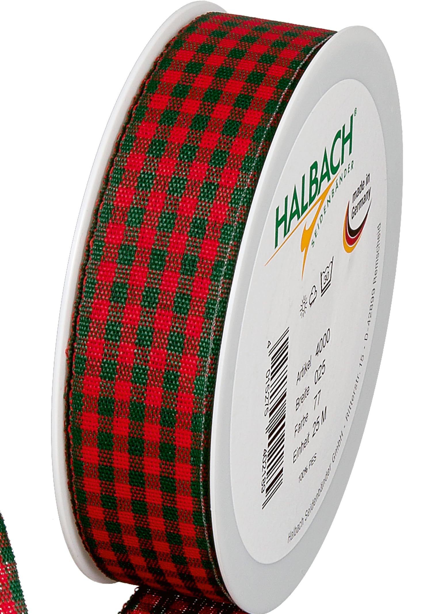 Halbach Seidenbänder Vicky Chequered Ribbon 25 mm x 25 m, Colour: Wine Red, Red/Dark Green