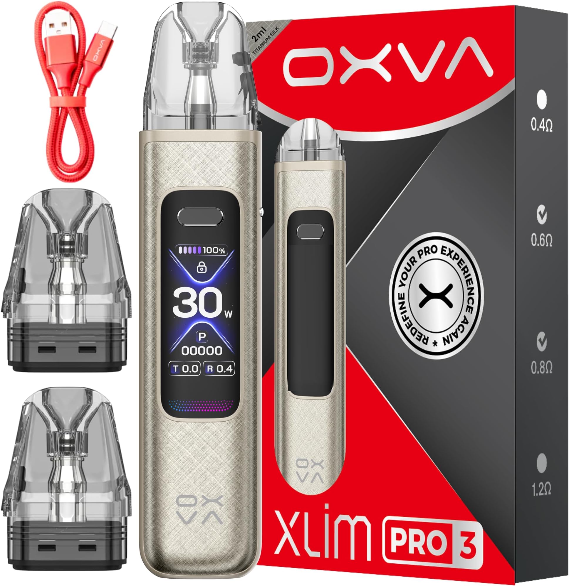 Oxva Xlim Pro 3 Pod Kit (Titanium Silk) - Compatible with Oxva Xlim Pods - Xlim V3 Pod, Xlim EZ Pods, 2A Fast Charge, 1500mAh Battery, 1.05” Ultra-HD Color Screen - 2ml Vape Pods No Nicotine