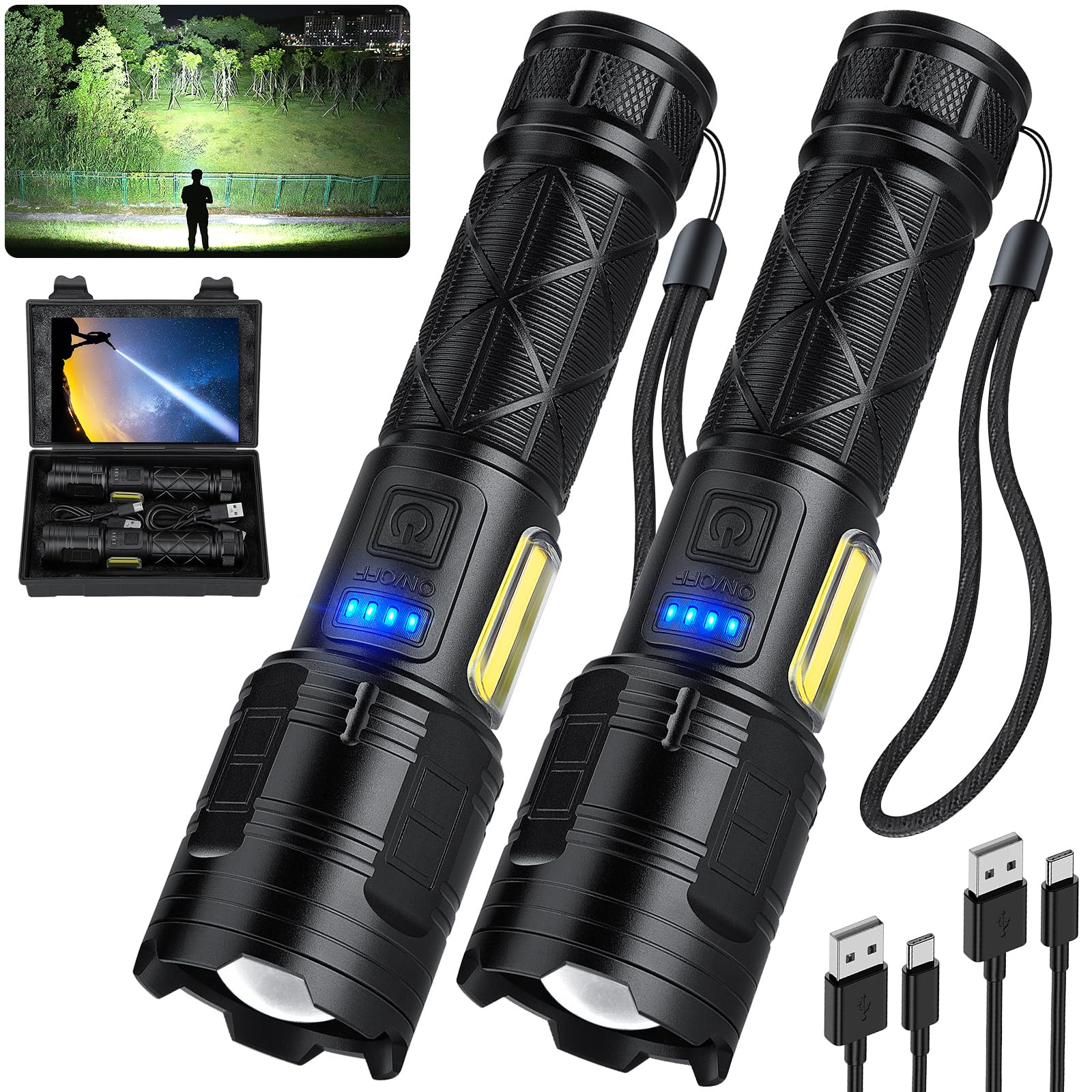 2 Pack 990000 High Lumens Rechargeable LED Flashlight USB-C, 7 Modes 15H Runtime, IPX7 Waterproof for Home Camping, Hiking and Emergency