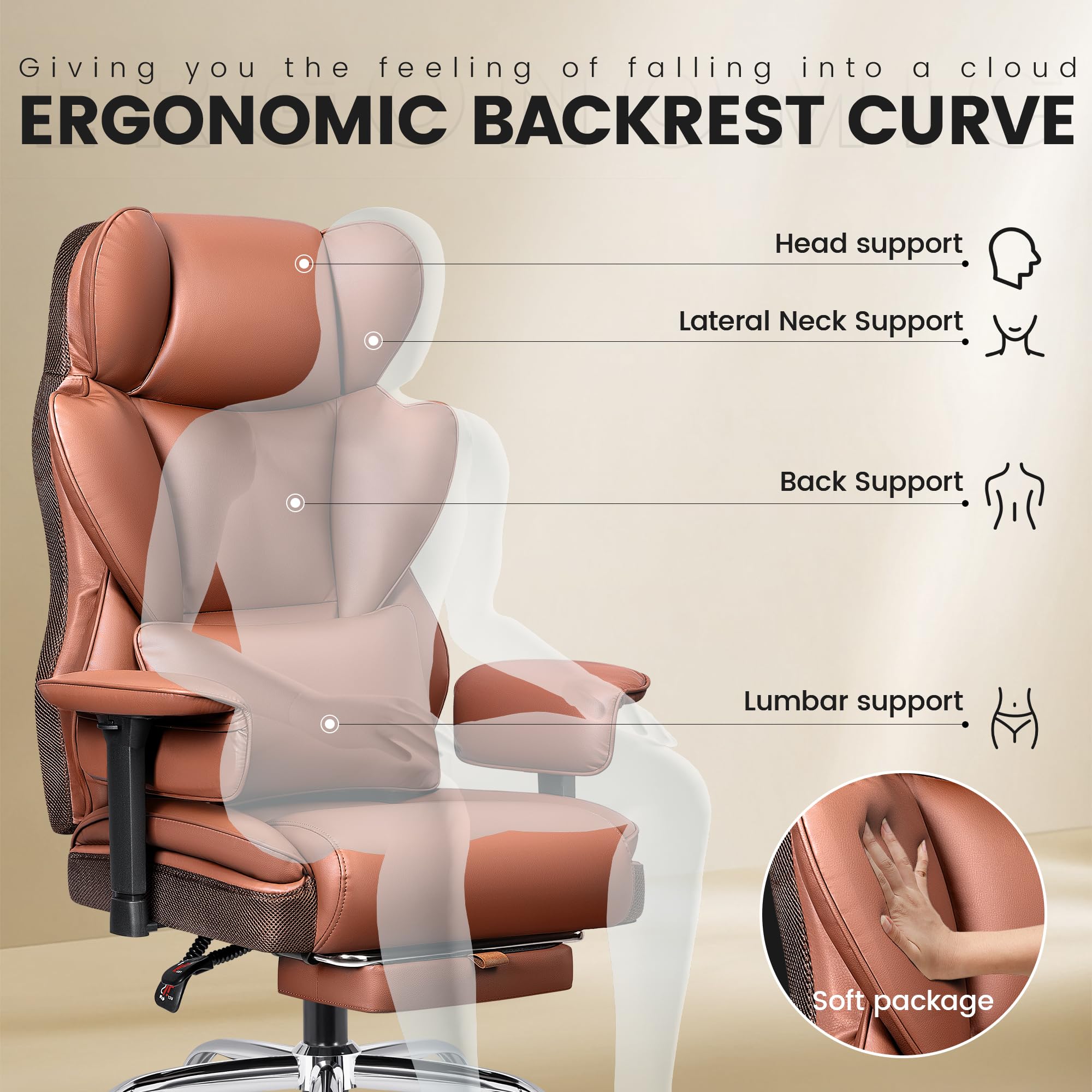 Sedia Ufficio ampia, Sedia direzionale ergonomica con poggiapiedi 165° schienale regolabile sedia gaming casa in ecopelle 150-200KG, Marrone