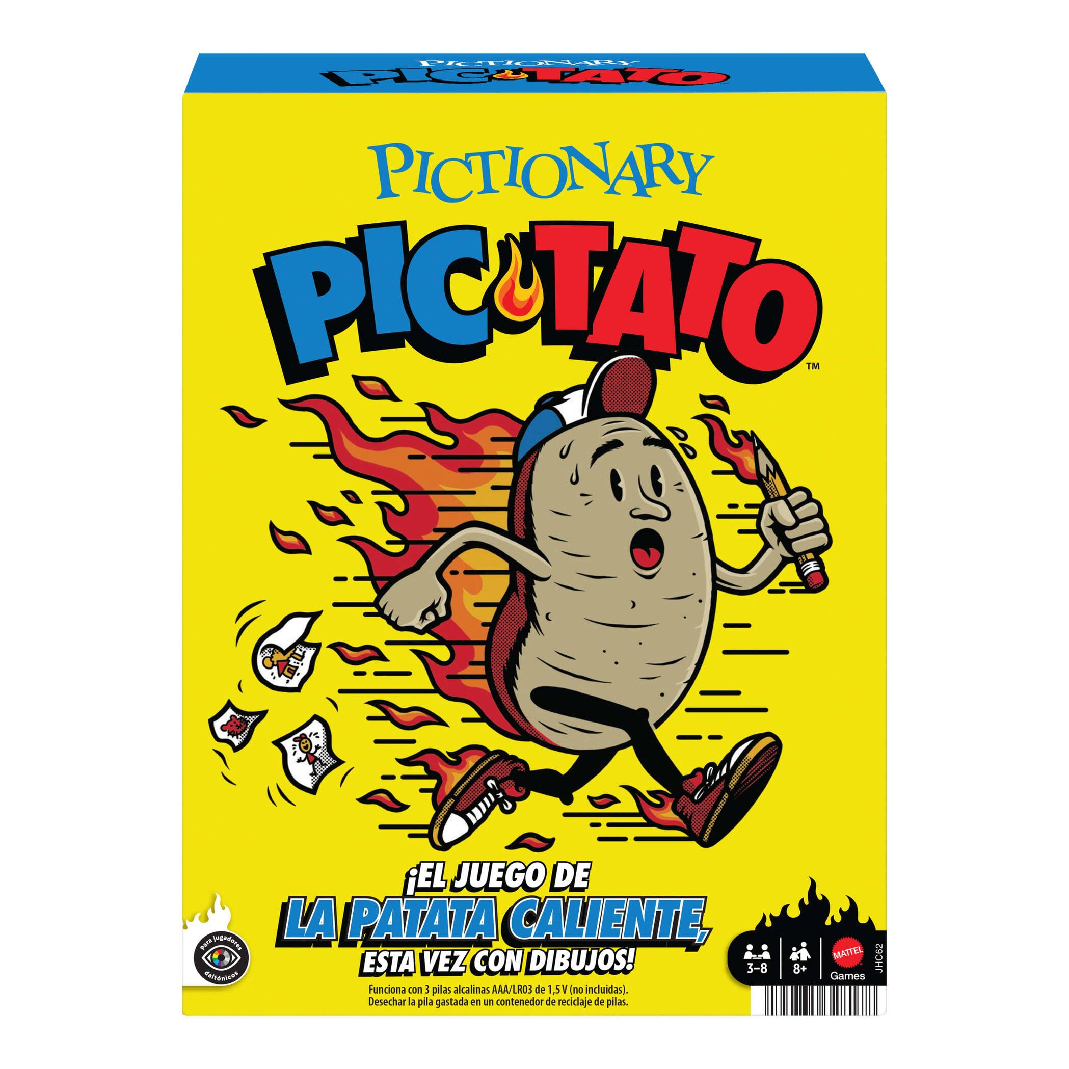 Mattel Games Pictionary Pic-Tato Juego de la patata caliente, juguete familiar para niños, niñas y adultos que habla y reproduce música, noches de juegos, incluye pistas en español, JHC62