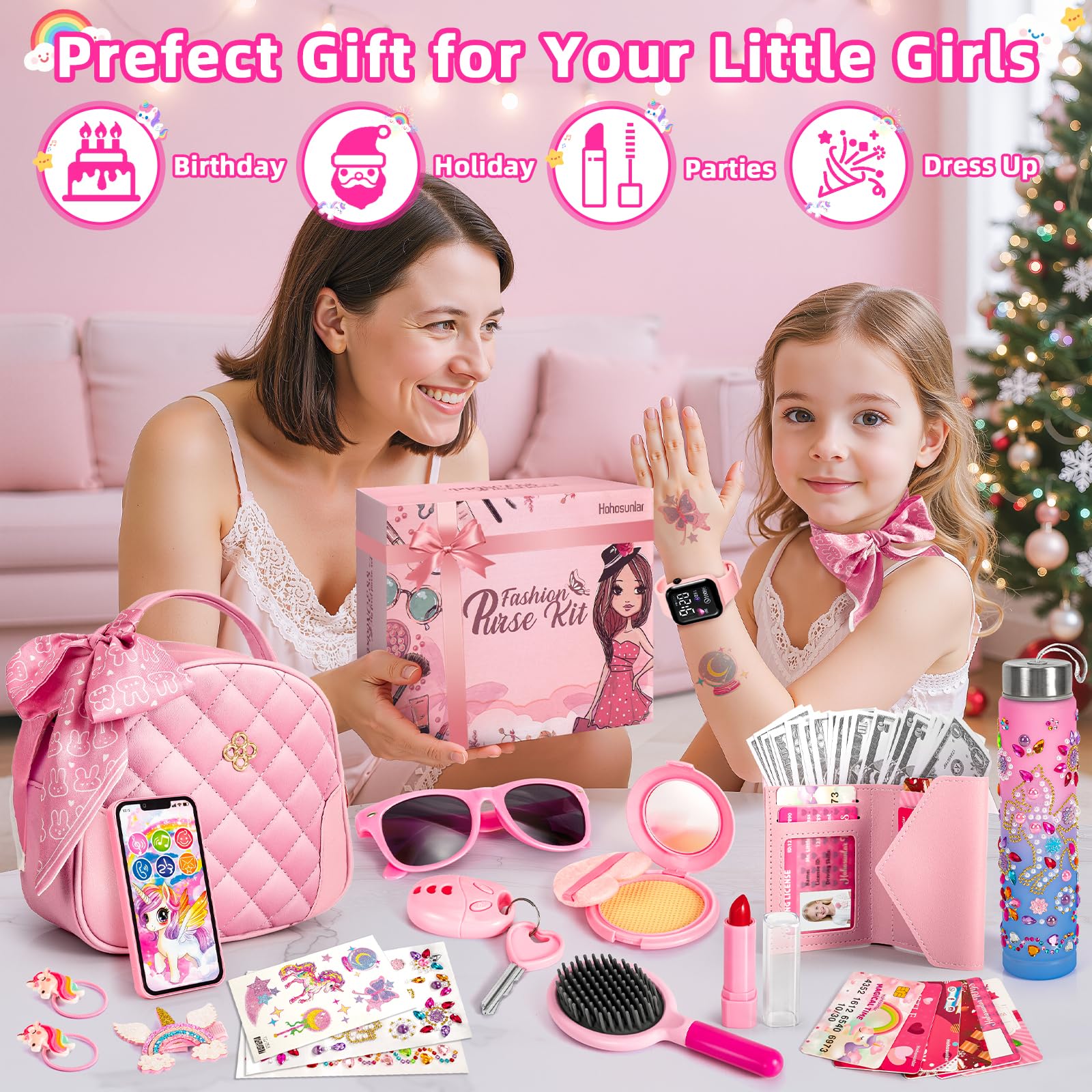 Hohosunlar Sac à Main Petite Fille, Faux Maquillage, DIY Licorne Bouteille d’Eau Fille, Watch, Téléphone Portefeuille Clés, Jouet de Princesse, Noël Cadeau d'anniversaire Jouet Filles 3 4 5 6 7 8 Ans