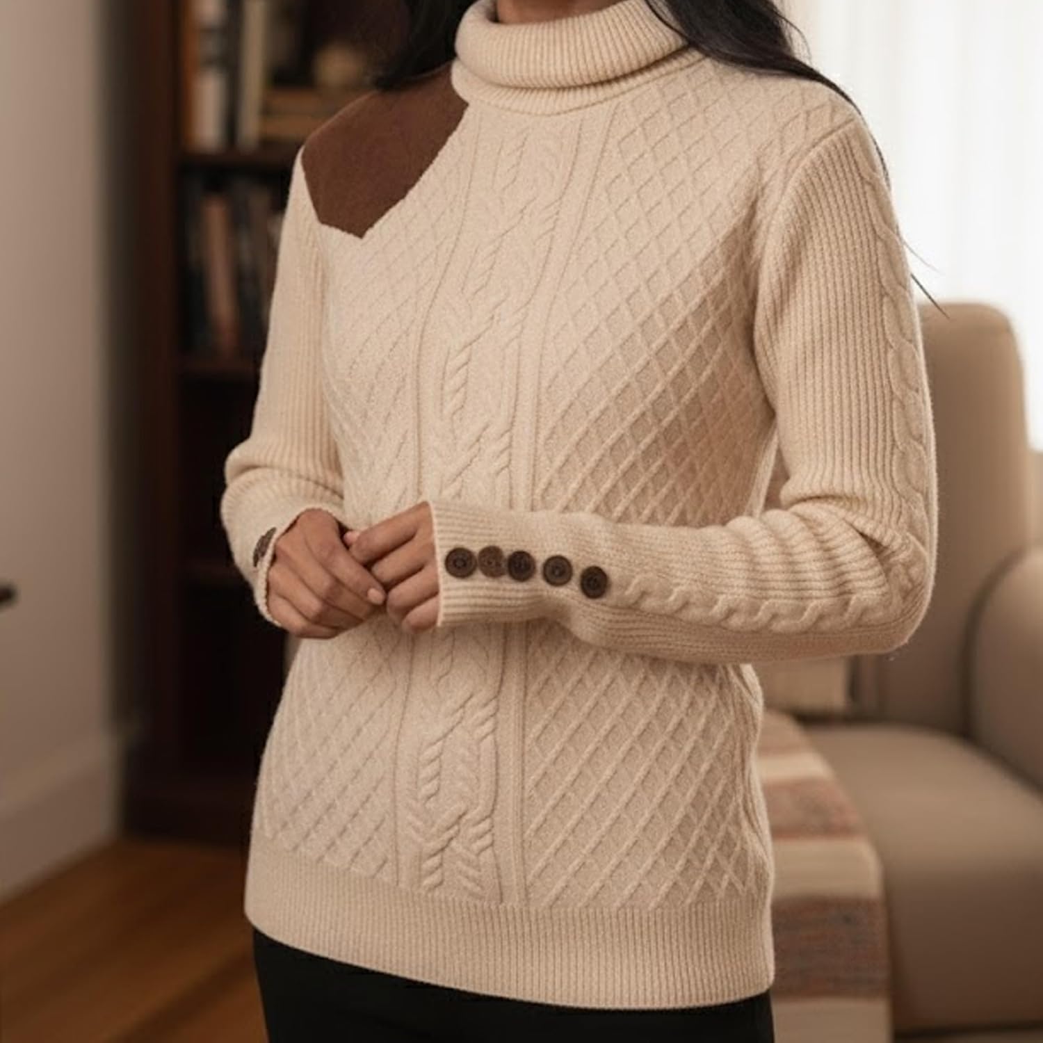Fall Sweaters for Women - Turtle Neck Sweater for Women w/Long Sleeves, Sleeves Button Design & Knit Pattern - Image 7