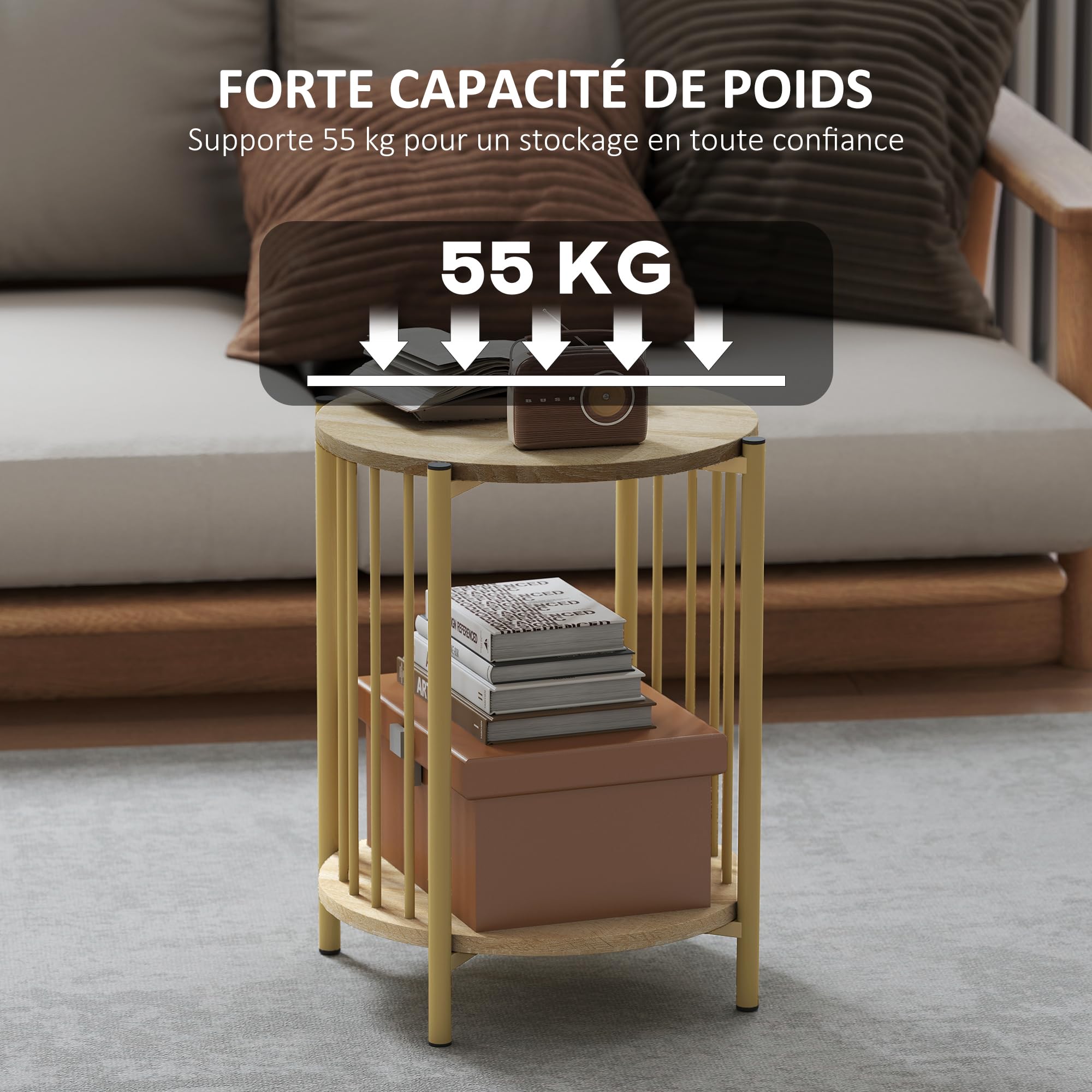 HOMCOM Table d'appoint Table Basse 2 Niveaux Ø 41 x 49 cm Bois Naturel