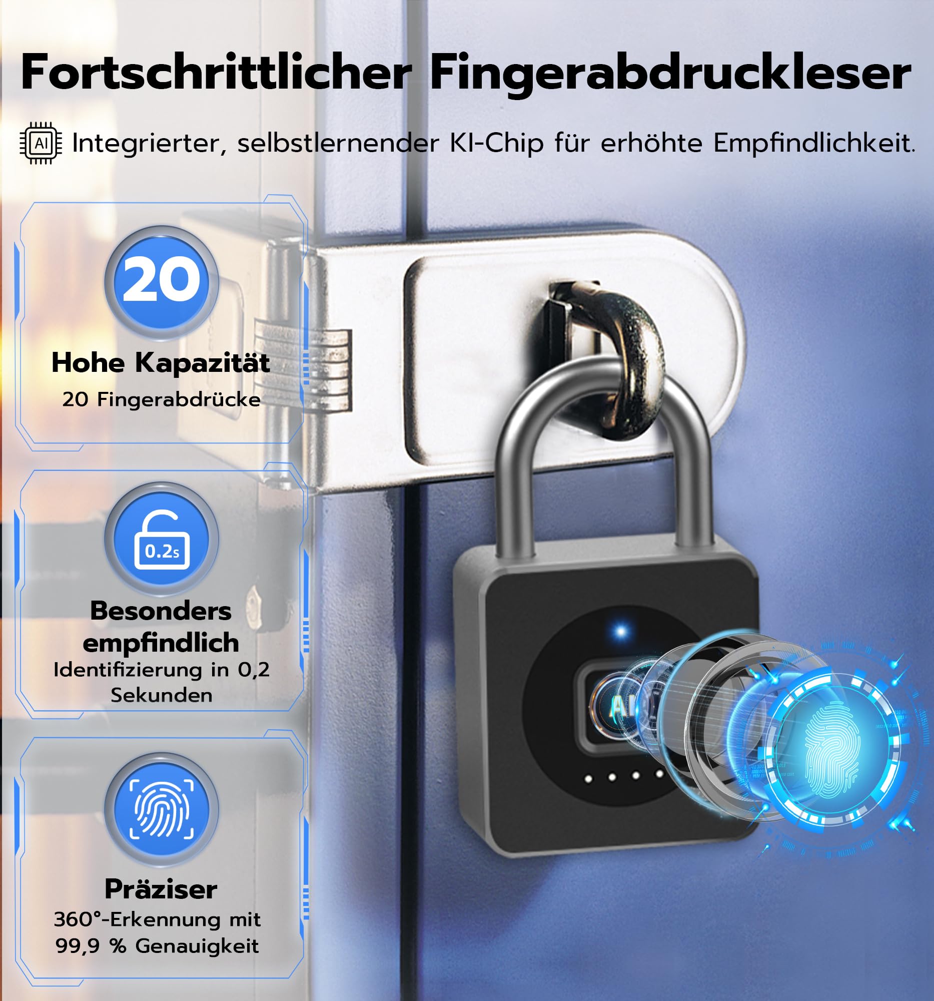 Elektronisches Vorhängeschloss mit Fingerabdruck & PIN, IP65 Wasserdichtes Smart Bluetooth Schloss mit App, USB-C Aufladung, Robust für Gartentor, Garage, Spind