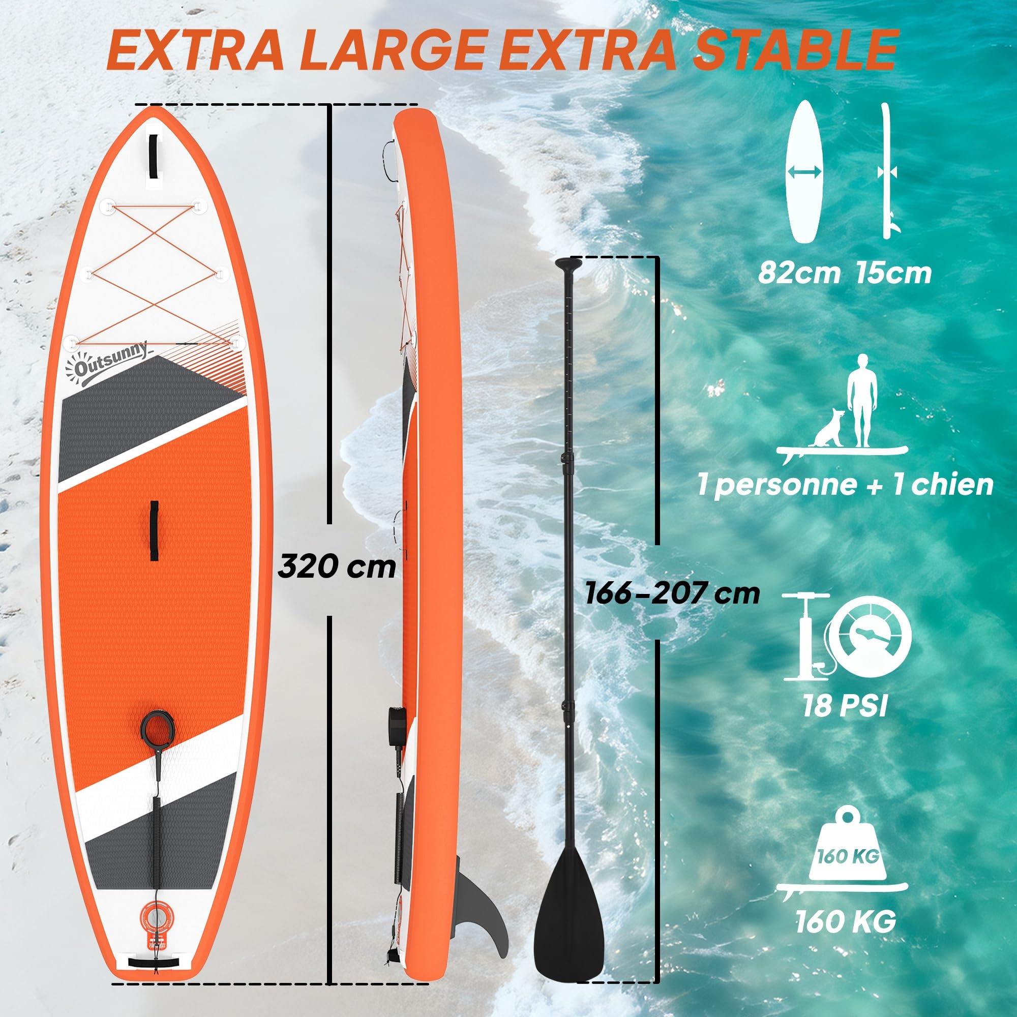 Outsunny Stand Up Paddle Gonflable 320x82cm - Planche de Sup Adulte Complet avec Pagaie Réglable, Pompe et Sac - Paddle Gonflable Stable 160kg pour Débutant et Famille, Orange et Gris