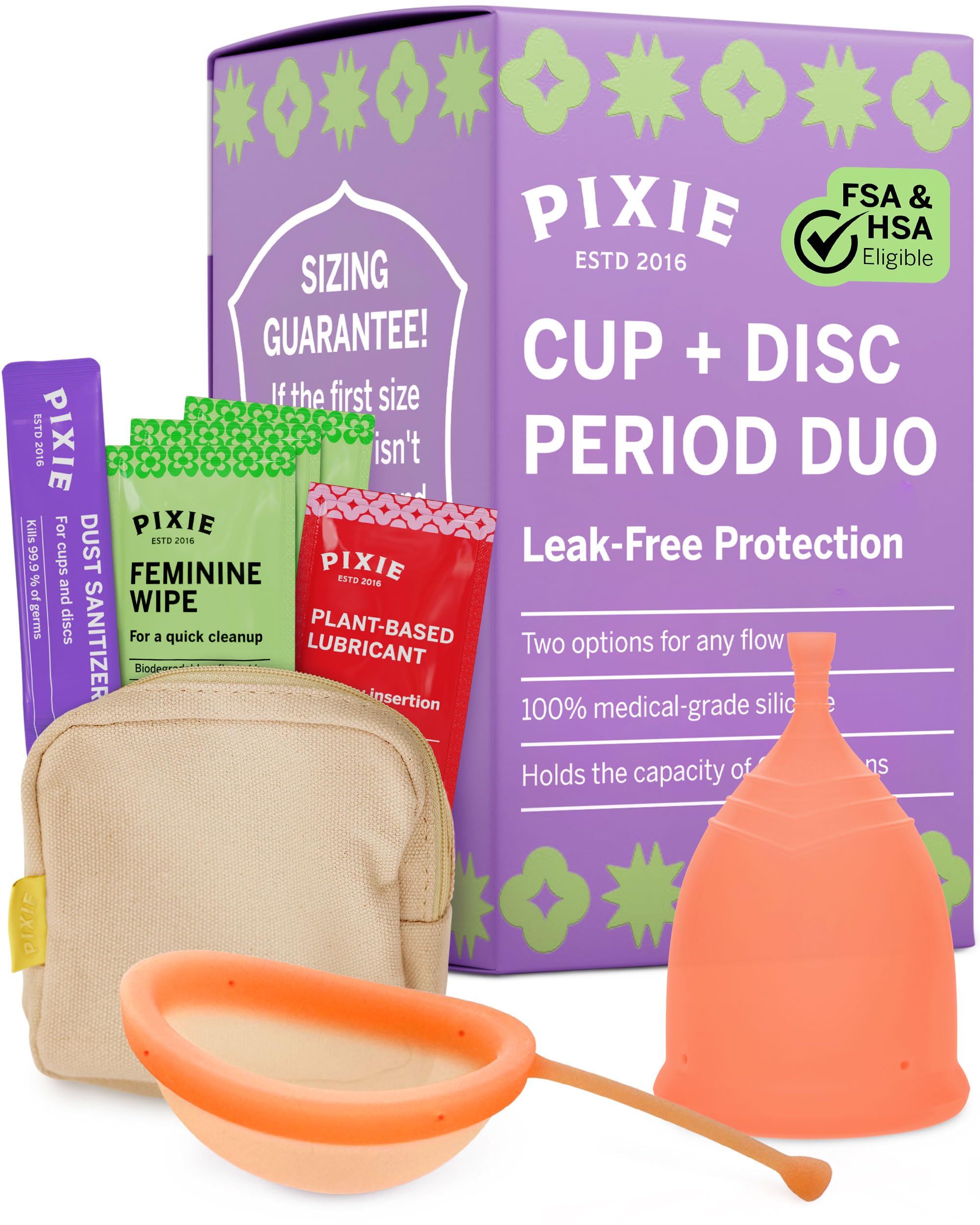 Pixie Menstrual Cup & Disc Duo for Feminine Care - Ranked 1 for Most Comfortable Reusable Period Cup & Disc - Buy One We Give One - Includes Ebook Guide, Flushable Wipes, Lube, Sanitizer & Storage Bag