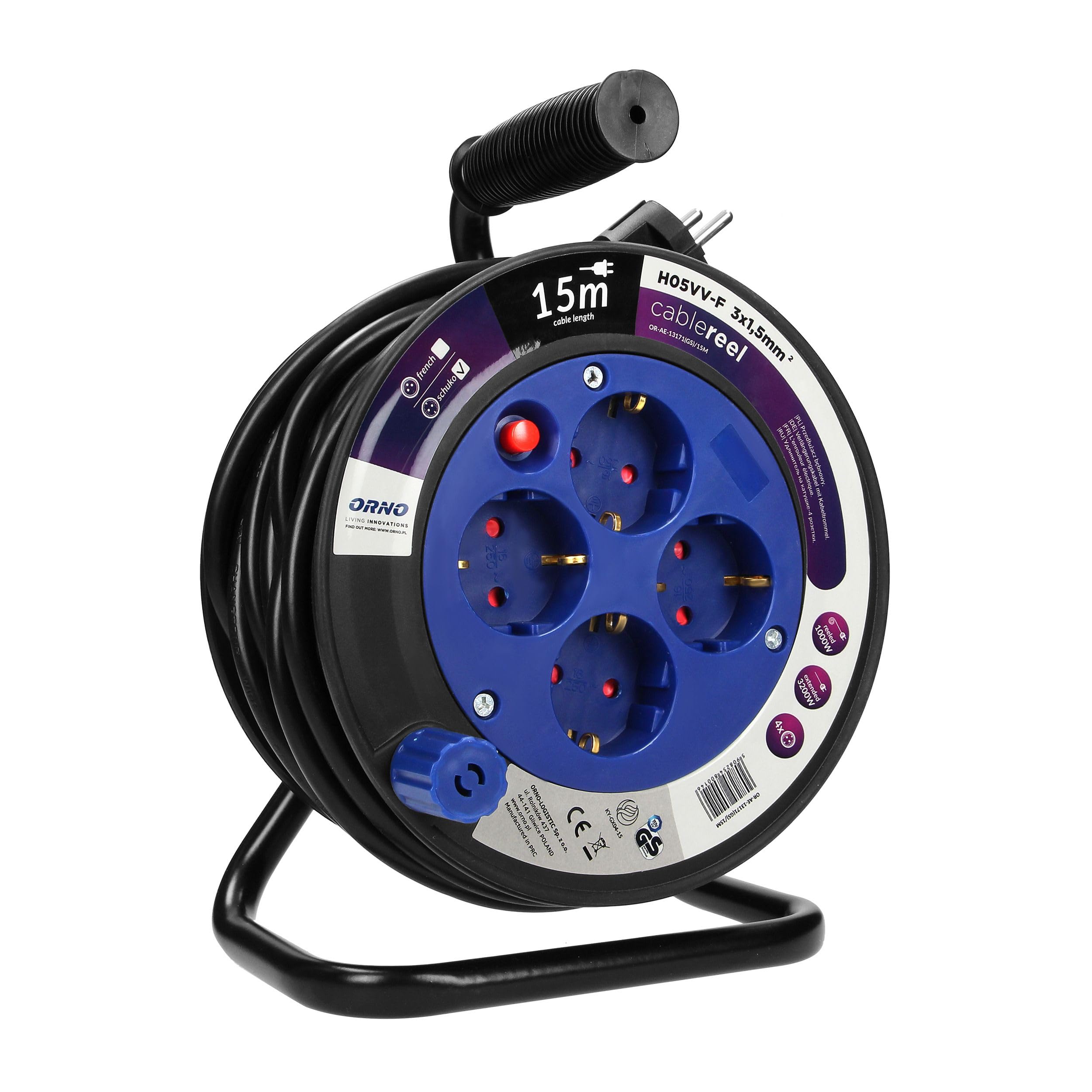 Enrollacables con 4 Tomas 2P+T (Schuko) - Alargador Enchufe - Extension Electrica - Carrete con Soporte Metálico, Cable H05VV-F 3x1,5mm² Longitud 15m