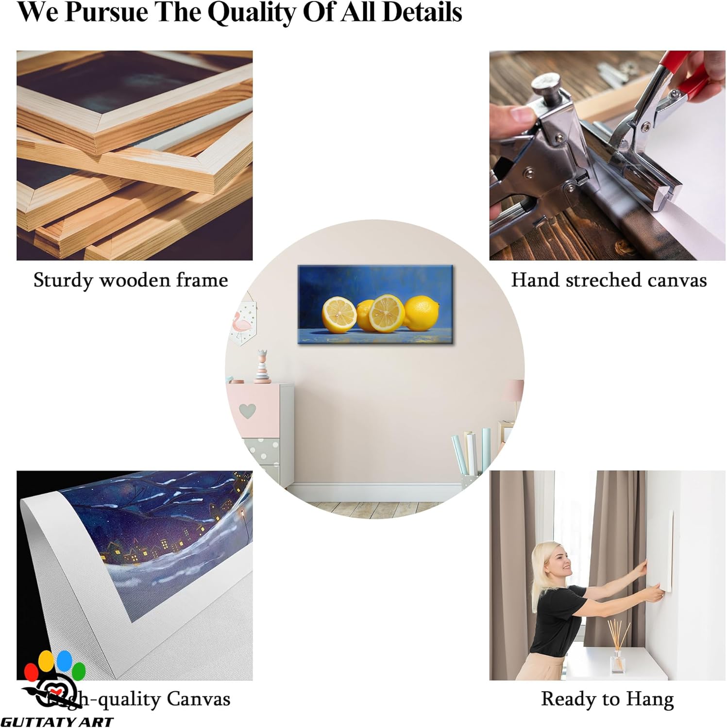 GUTTATY Lemon Canvas Wall Art, Vibrant Fruit Artwork with Yellow Lemons on Blue, Kitchen Canvas Prints, Modern Wall Decor, Artistic Wall Painting for Dining Room or Culinary Spaces, 20x40 Inch