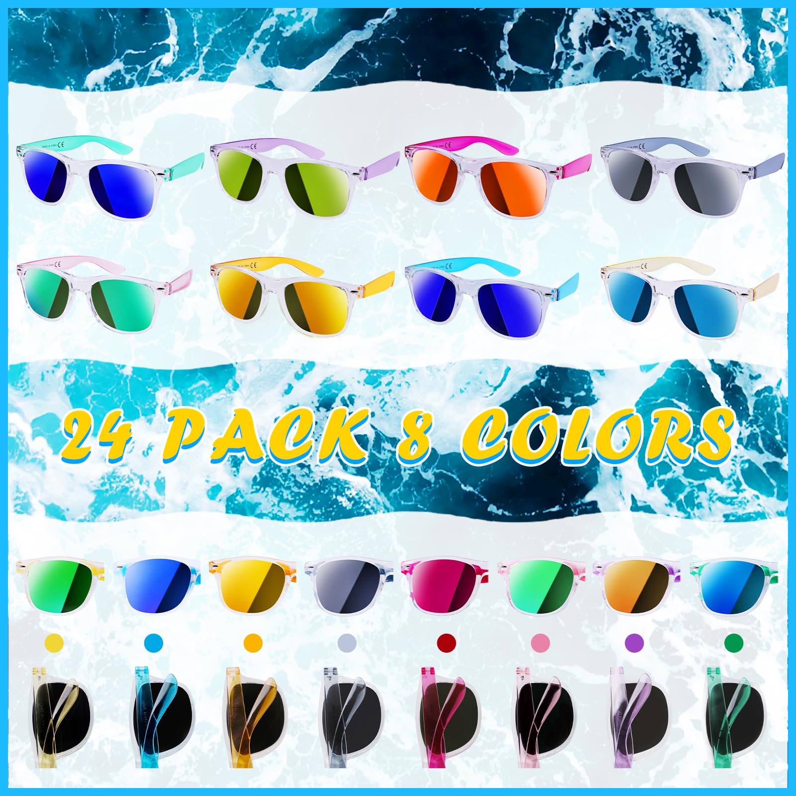Paquete de 24 lentes de sol para niños, recuerdos de fiesta, lentes de sol translúcidos neón con protección UV a granel para niños y adultos, perfectos para verano, piscina, playa, cumpleaños, fiesta