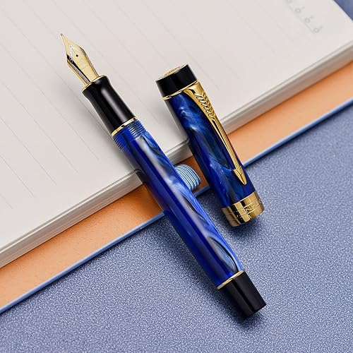 Miniatura 3 de Jinhao 100 - Pluma estilográfica clásica de celuloide de mármol azul, punta extrafina con convertidor y estuche para bolígrafos