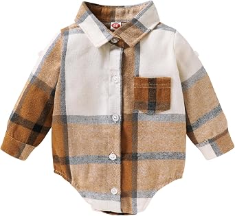 HAPPYMA Newborn Baby Boy Girls Plaid Outfit Flannel Romper Tops Infant Long Sleeve Button Down Plaid Casual Bodysuit Clothes