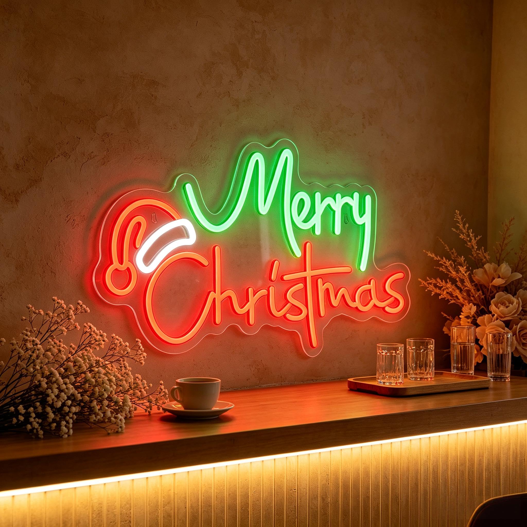 Merry Christmas Neon Sign with Santa Hat Graphic - Dimmable USB Red Green LED Acrylic Hanging Wall Light, Cute Holiday Decor for Kids Room Window Fireplace Mantel & Xmas Party.