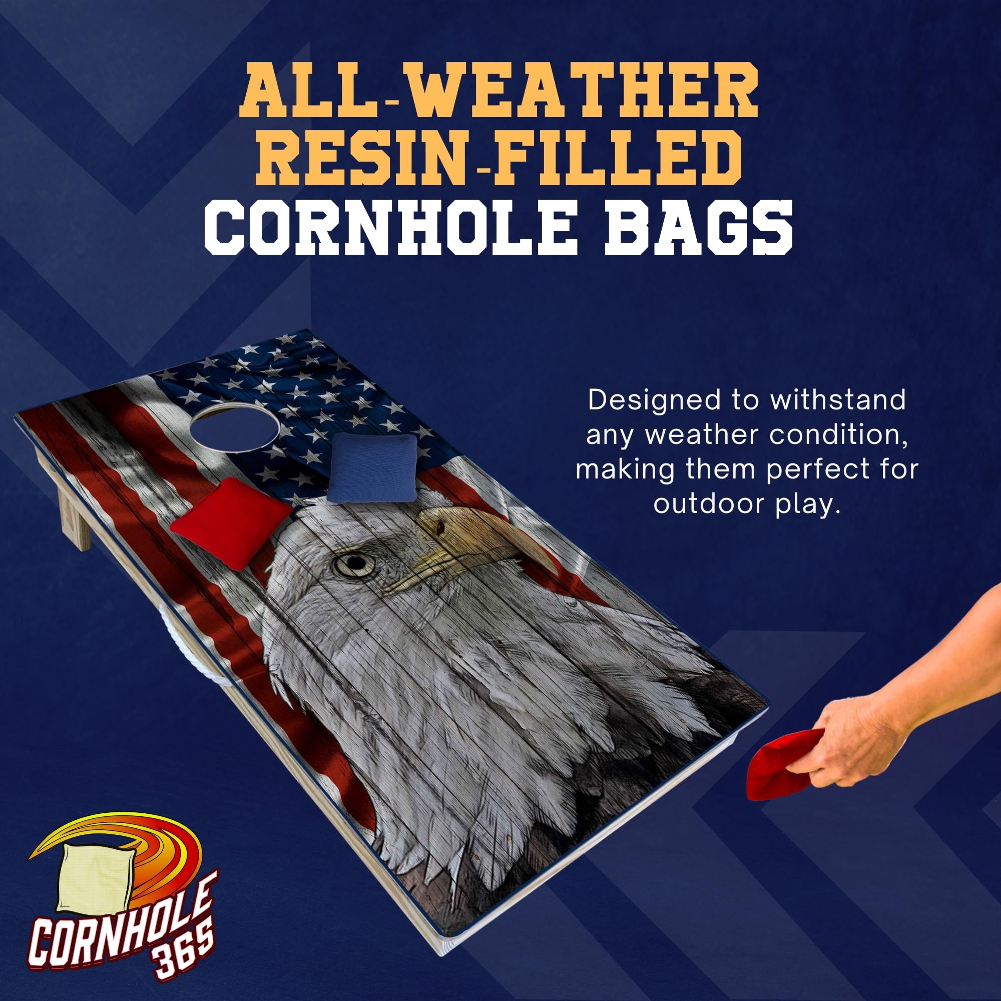 Cornhole365 Rustic Eagle and American Flag Cornhole Board Set - Includes Solid Wood Cornhole Board, 8 All-Weather Cornhole Bags, Portable Carrying Case & String Tote Bag Outdoor Game Bundle