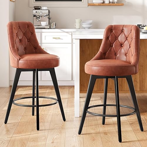 AMERLIFE Bar Stools Set of 2, PU Leather Swivel Counter Height Bar Stools with Back, Upholstered Barstools with Wood Legs, 26" Height Seat, Brown