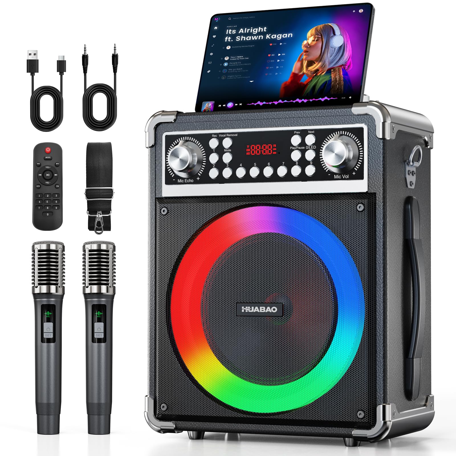 Máquina de karaoke con 2 micrófonos inalámbricos, altavoz Bluetooth portátil para adultos y niños, sistema PA con control remoto y luces, control de graves/agudos, compatible con USB/AUX/TF/FM