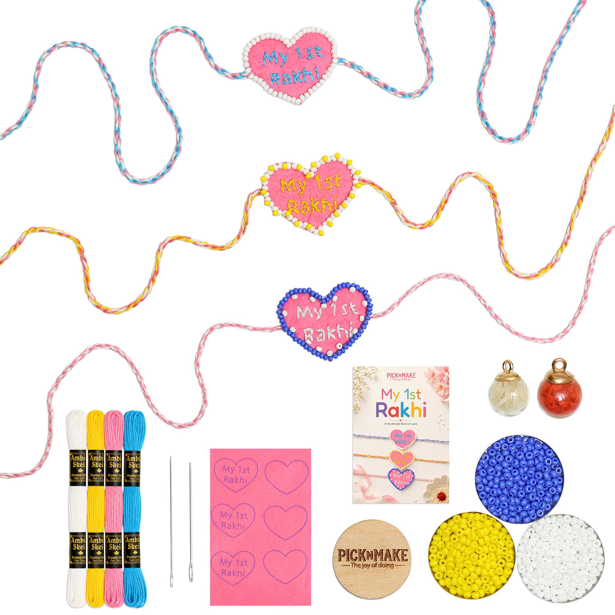 picknmake diy rakhi making kit, embroidery kit for beginners, my 1st rakhi | craft type: bead embroidery | makes: 3 my 1st rakhis | includes: roli, chawal, beads, needle minder | for: raksha bandhan