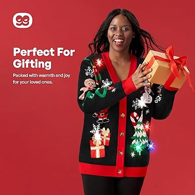 Giggling Getup Lelijke Kerst Cardigan Truien, Grappige Oplichtende Kerst Lelijke Gebreide Kleding, V-Hals Cardigan Pullover voor Vrouwen, Rood, L