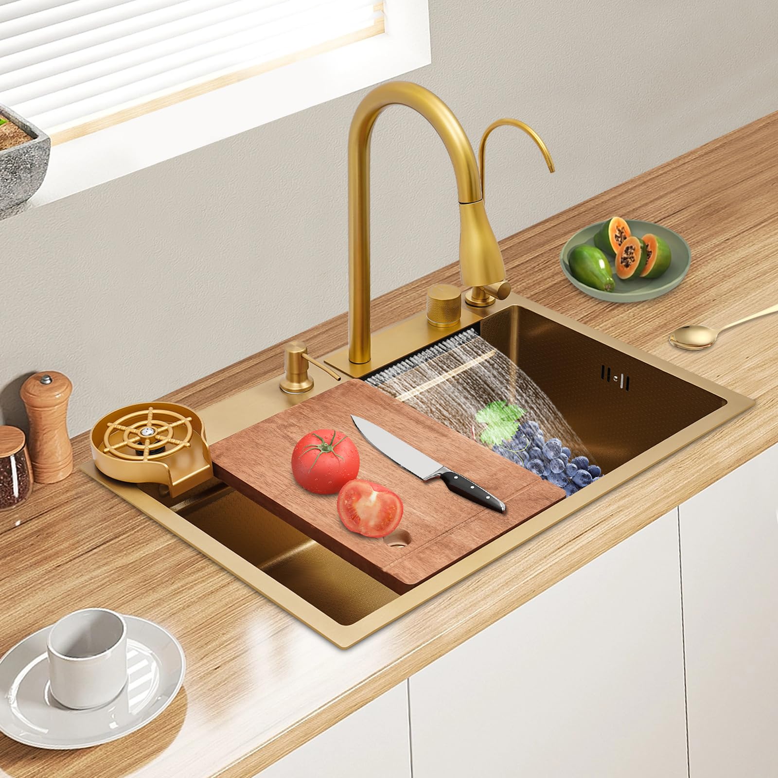 Spülbecken Küche, Kitchen Sink Modern Edelstahl Küchenspüle Wasserfall, Drei Wasserauslaufmodi, Multifunktionale spülbecken mit Ausziehbarer Wasserhahn und Entwässerungskomponente (Gold)