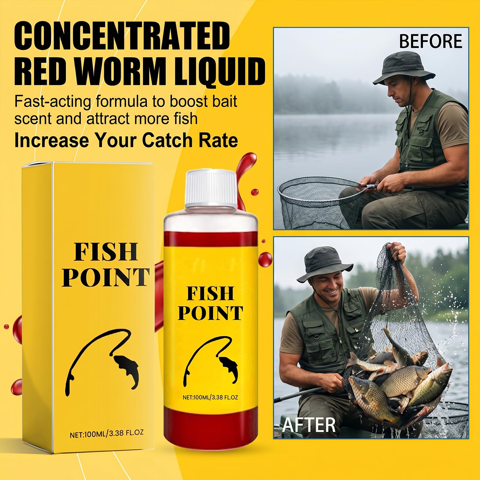 Fish Point Liquid, Concentrated Fish Attractant Spray, Fast-Acting Red Worm Formula, Supports Better Bite Response for Freshwater Fishing, 100ml