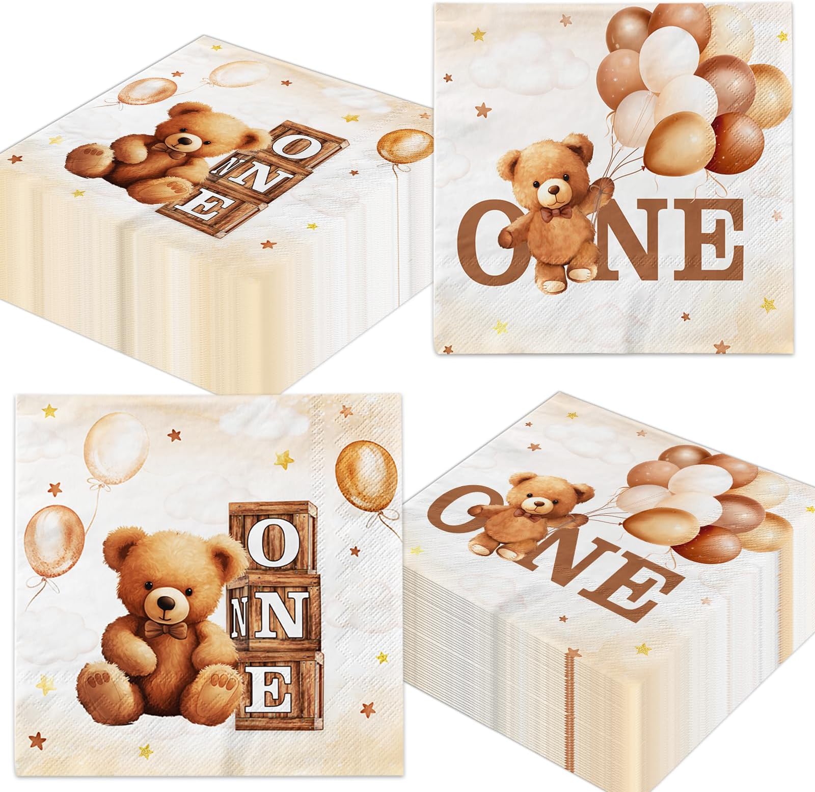 48pcs Beary First Birthday Napkin,Brown Teddy Bear 1st Party Decorations for Boy Girl, Beary One Year Old Theme Disposable Paper Napkin for Beary Birthday Baby Shower Party Table Supplies
