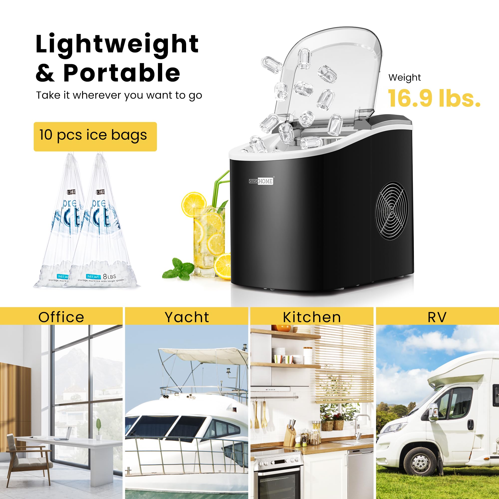 VIVOHOME Electric Portable Compact Countertop Automatic Ice Cube Maker Machine With Hand Scoop 10 Ice Bags And Self Cleaning Function 27lbs/Day Black on Fridge.com - View 6
