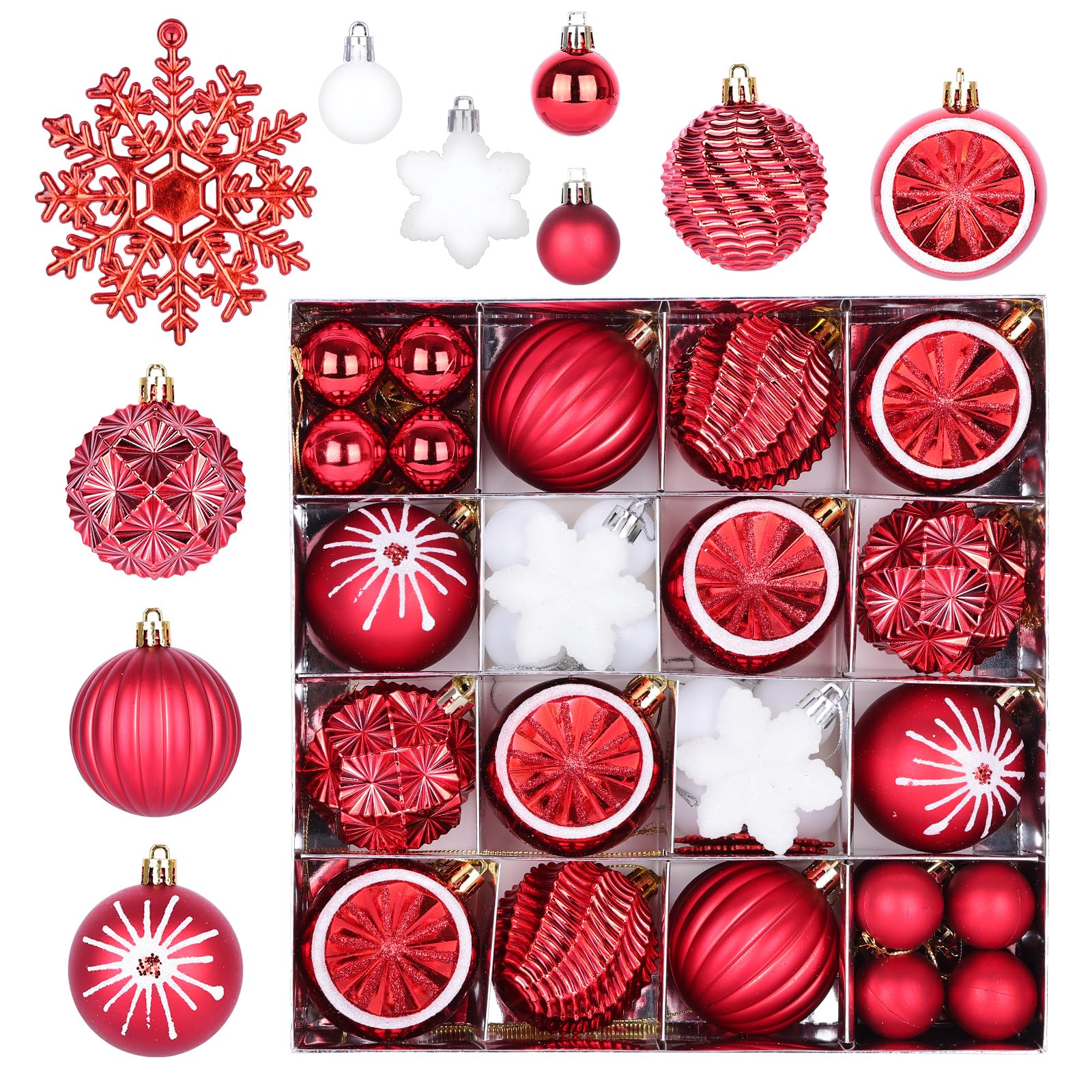 JORNOY Set 16 Palline Di Natale Rosse E Bianche 60 Mm: Infrangibili, Con Ganci, Per Decorazioni Albero E Fai Da Te