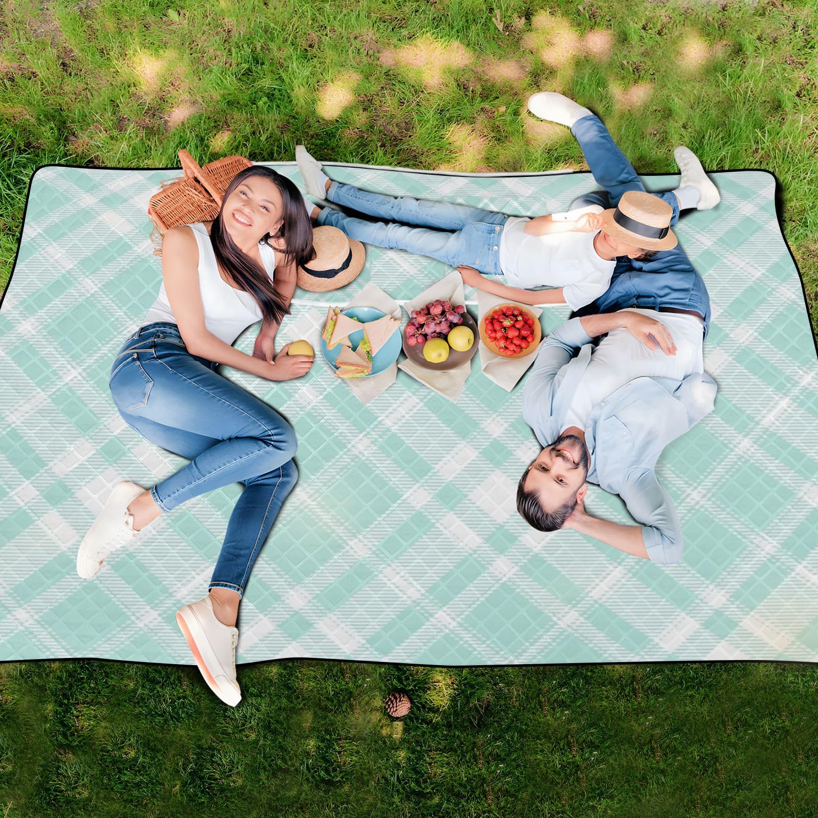 Grande couverture de pique-nique imperméable à motif damier vert, pliable, anti-sable, grande couverture d'extérieur pour le sol et le printemps