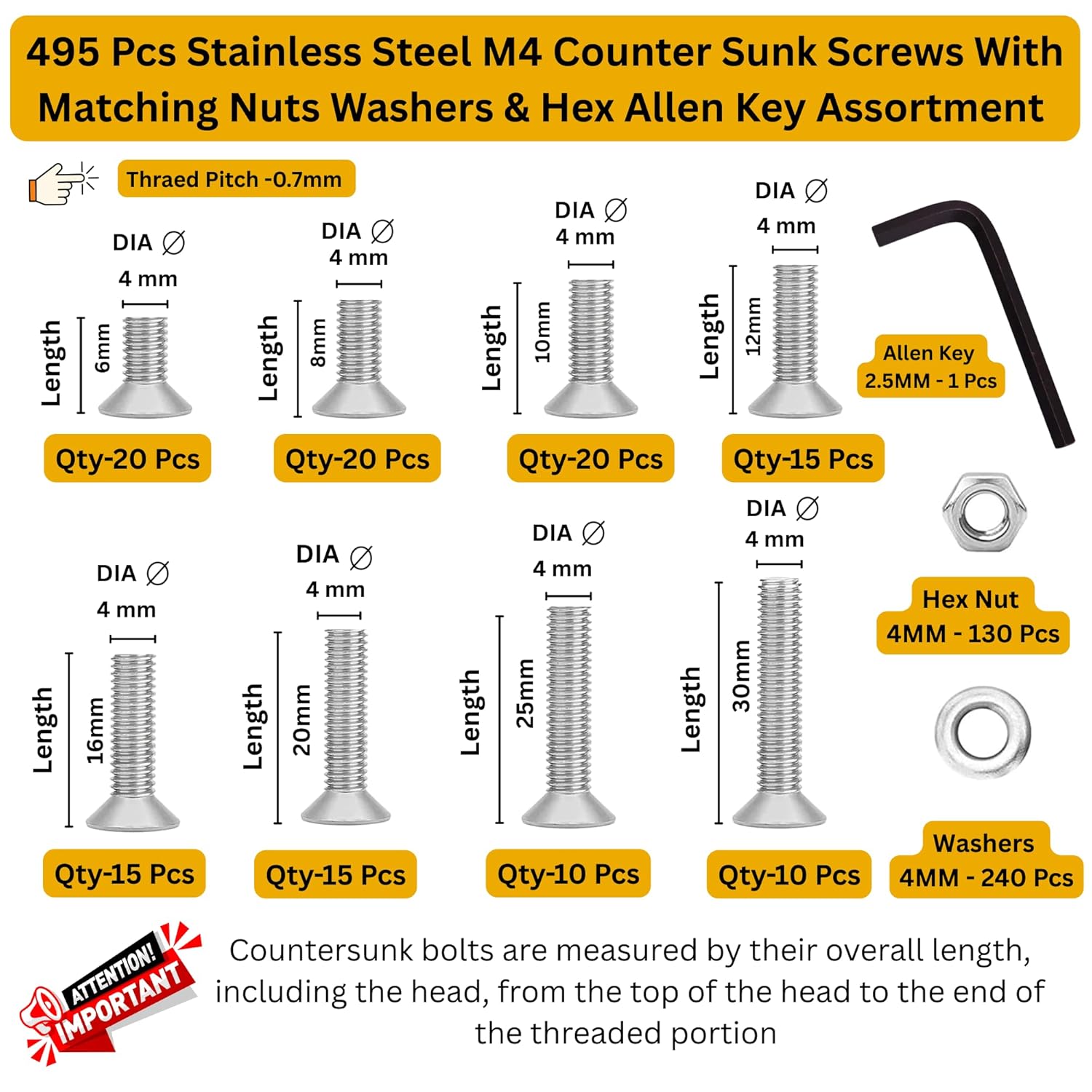 Stainless Steel 202 Grade Flat Socket Head Cap Screw Internal Hex M4 Thread Size Counter Sunk Full Thread Machine Screws Nuts & Bolts Pack of 495 Pcs