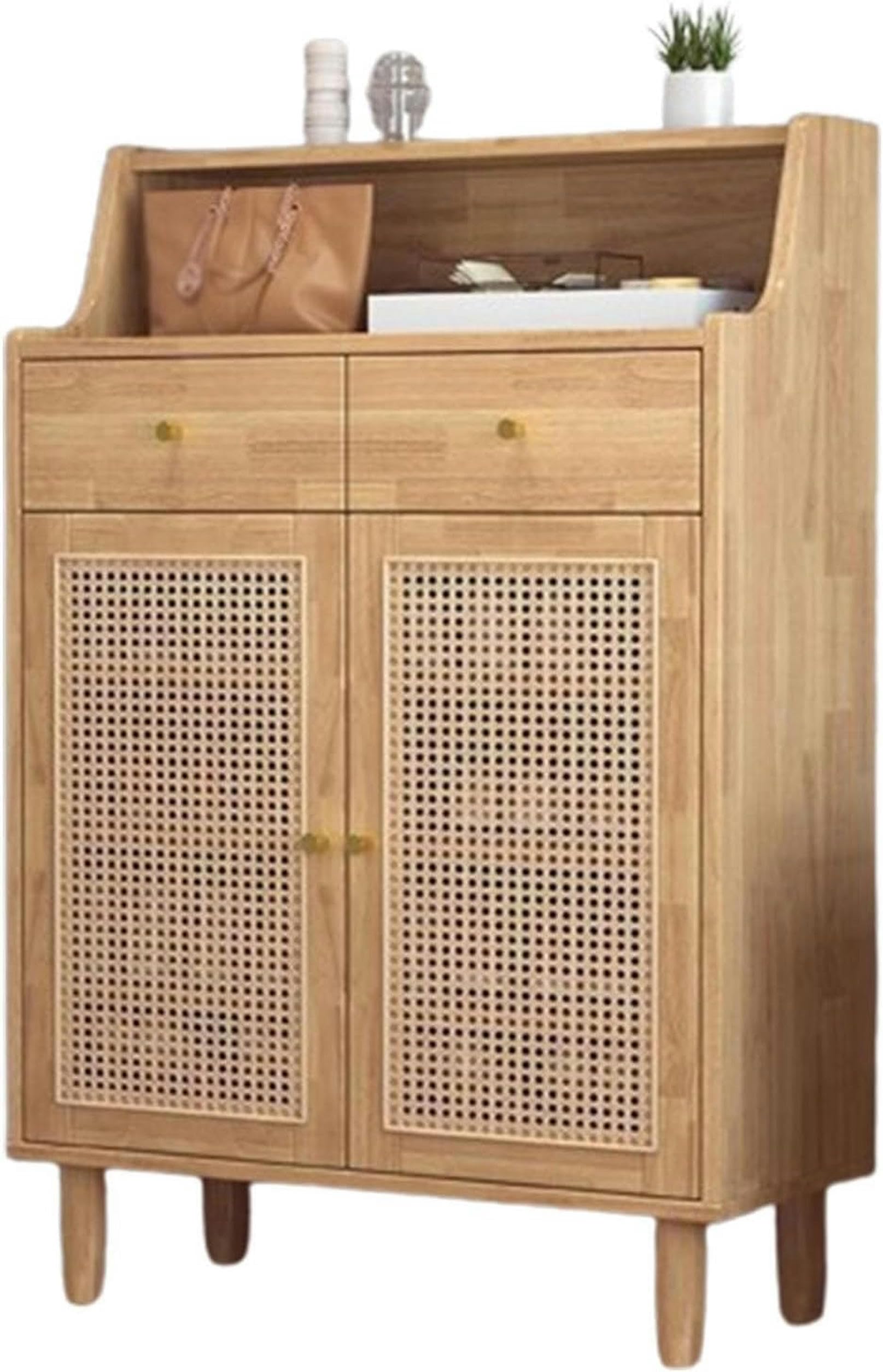 Rattan Shoe Cabinet with Double Drawers, Multifunctional Storage Shoe Storage Cabinet, Solid Wood Material, Suitable for Porch, Entrance,Yellow