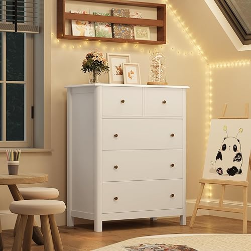 Miniatura 4 de HOUSUIT Cómoda blanca con 5 cajones, cómoda alta, cómoda de 5 cajones con espacio profundo, armario de almacenamiento de madera para sala de estar,